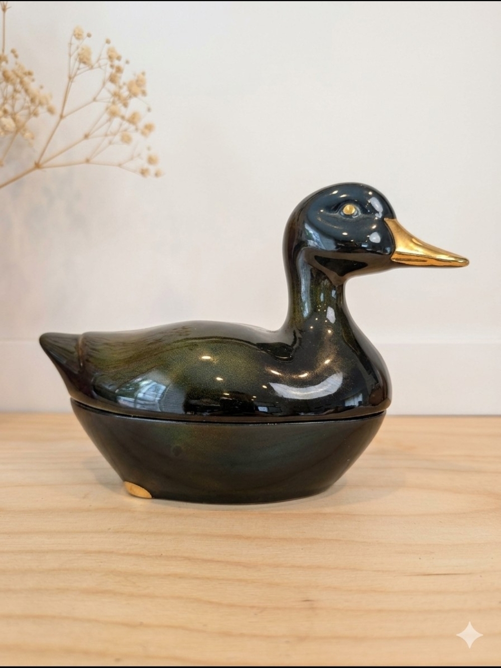 Vintage Michel Caugant Duck Tureen Fine Faience Hand Painted Gold Details